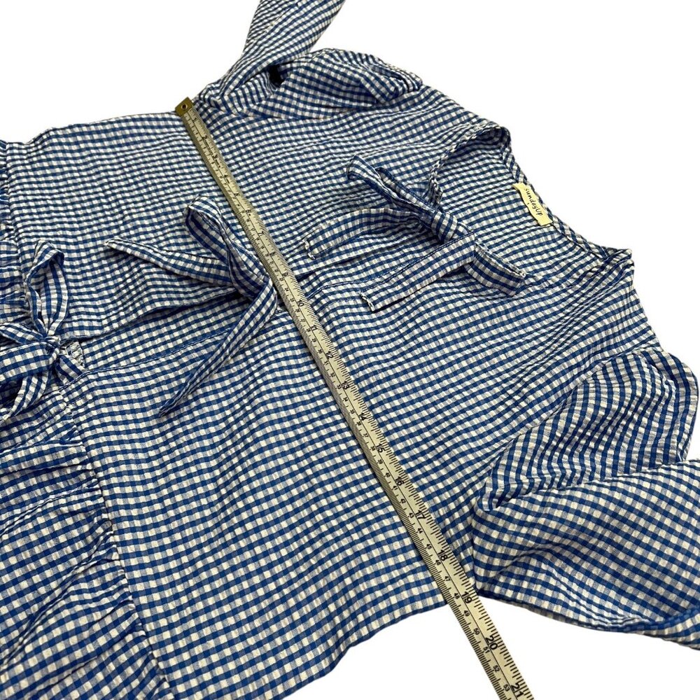 Gingham Tie Front Puff Sleeve Blouse Blue Size Small Cottagecore European Summer - Picture 8 of 10